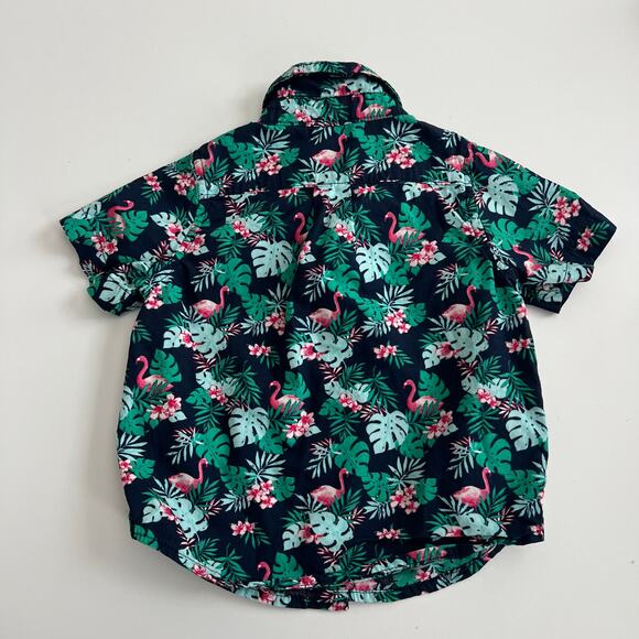 Janie & Jack Collared Hawaiian Shirt navy blue green leaf monstera pink flamingo - Picture 2 of 4